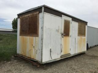 16' Skid Mounted Job Shack c/w Desks, Plumbed For Power, Electric Heat, Misc. Contents. Unable To Verify Serial Number.