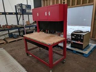 Metal Rolling Work Bench c/w Wood Top, Peg Board & Upper Cabinet 5'x2.5'