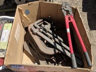 Lot of Assorted Adjustable 3 Clamps & (2) 24" Crimping Tool.