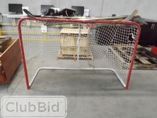 Hockey Net, c/w Qty of (9) Hockey Sticks, Blocker & Catching Glove, Hockey Puck & Balls