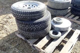 Lot of 2 LT235/80R17 Tires, LT235/75R15 Tire on Rims and 4 Hub Caps. 