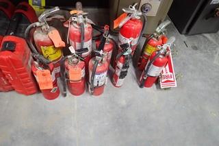Lot of 10 Asst. ABC Fire Extinguishers, Holders and Signs. 