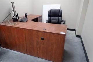L-Shaped Desk w/ Pedestal, Task Chair and White Board.