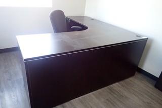 L-Shaped Desk w/ Pedestal, Task Chair and Lateral 2-Drawer File Cabinet w/ Overhead.