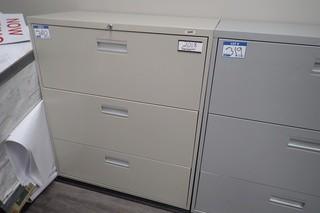 Lot of Lateral 3-Drawer File Cabinet, Single Pedestal Desk and Bookcase.