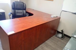 L-Shaped Desk w/ Pedestal , Task Chair and Bookcase. 