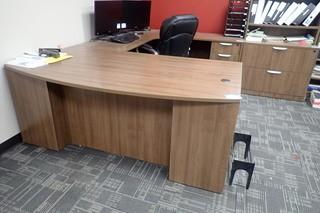 U-Shaped Executive Desk w/ Pedestal, Task Chair, Modified Credenza, Bookcase, Folding Table and Cork Board. 