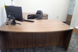 U-Shaped Desk w/ Pedestal, Task Chair and Bookcase.