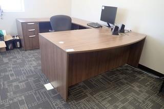 U-Shaped Desk w/ Pedestal, Task Chair and Bookcase.