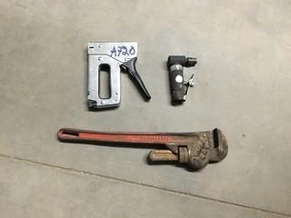 Lot of Die Grinder, 18" Pipe Wrench, Stanley Stapler.