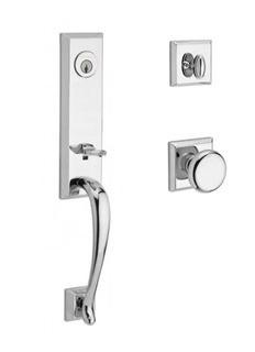 Baldwin, Del Mar Single Cylinder Handleset with Round Door Knob and Traditional Square Rose, Polished Chrome 