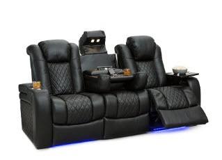 Anthem Leather Home Theatre Seating Power Recline Sofa with Fold-Down Table and Adjustable Powered Headrests, Black