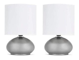 Catalina Lighting Caden 2-Pack Mini 9-inch Metal Touch Accent Lamps with Linen Drum Shades, Silver, 18581-000