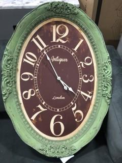Green Wooden Frame Oval Wall Clock 