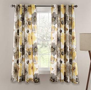 Lush Decor Leah Floral Room Darkening Yellow and Gray Window Curtains Panel Set for Living Room, Dining Room, Bedroom (Pair), 63? x 52?