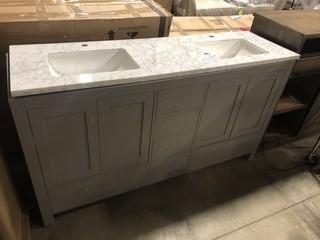 60" Bathroom Vanity, Light Grey. (Scratches/Crarcks In the Vanity Top)