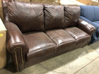Brown Faux Leather Sofa With Nailhead Trim, Ripped Cushion, As Is
