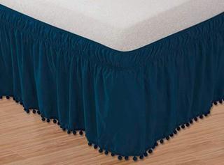 Elegant Comfort Top-Knot Tassle Pompom Fringe Ruffle Skirt Around Style Elastic Bed Wrap- Wrinkle Resistant 16inch Drop, Queen/King, Navy Blue