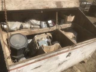 Wood Box. C/W Flood Lights, Radid Antennas, Kyoritsu Insulation Tester and Assorted Brackets.   *LOCATED AT THE EDMONTON REGIONAL AUCTION CENTRE* 