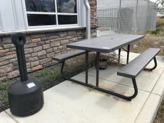 Lot of Lifetime Picnic Table, Cigarette Receptacle and 2 Patio Umbrellas. 