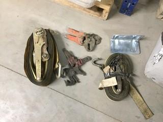 Lot of Assorted Tie Down Straps, Chain Pliers and Lumber Strap Corners